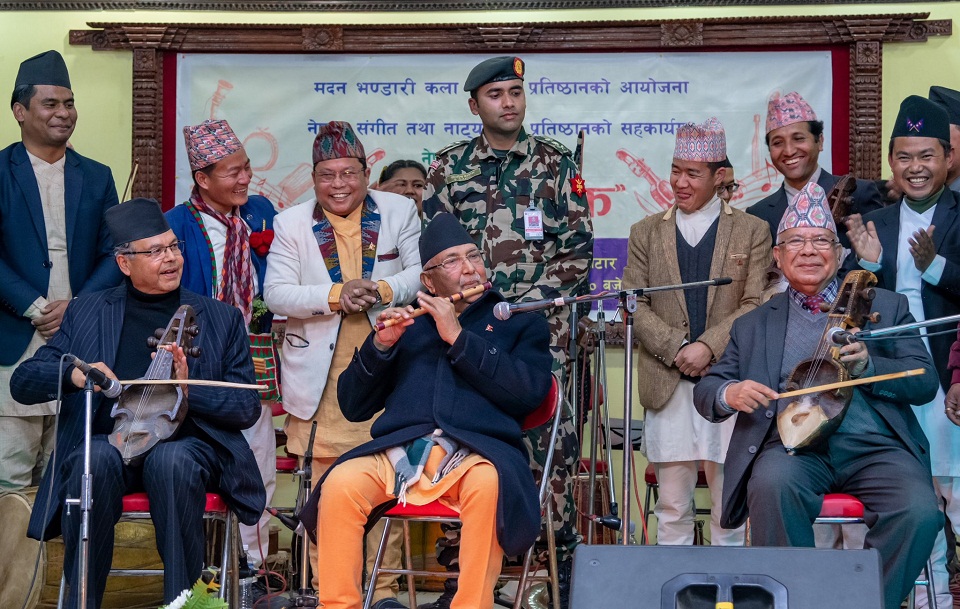 PM Oli and two former PMs play flute and sarangi at Baluwatar