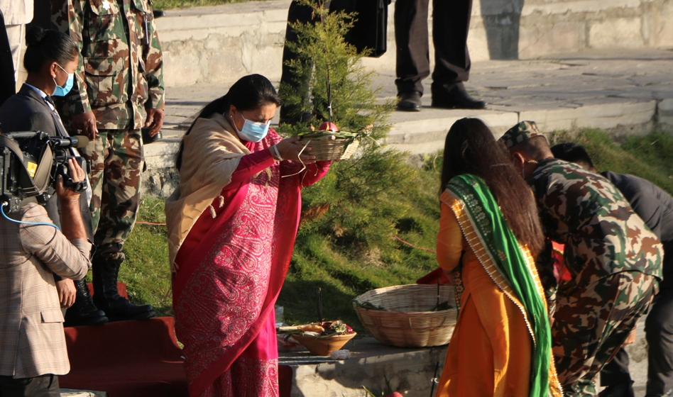 President Bhandari performs Chhath Puja