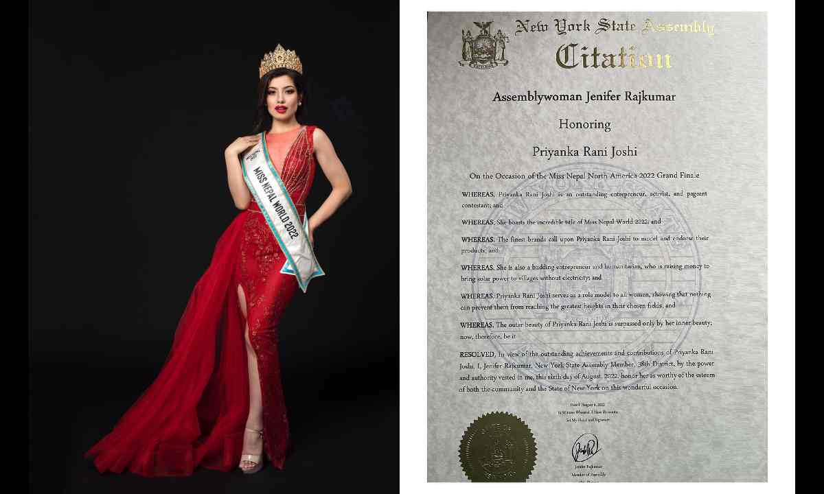 Assemblywoman Jenifer Rajkumar of New York State honors Miss Nepal 2022 Priyanka Rani Joshi