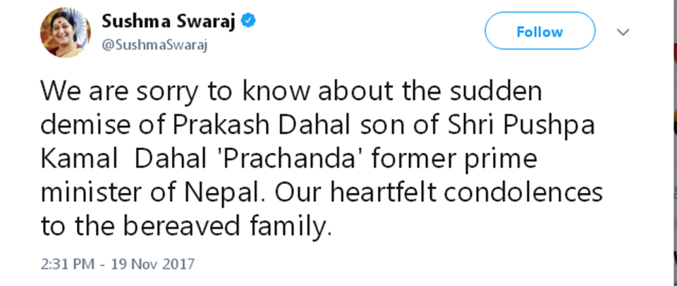 Sushma Swaraj expresses grief on Dahal’s demise