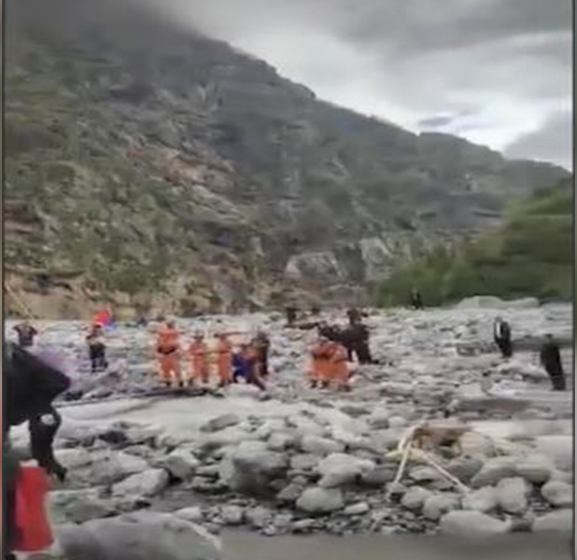 Fear of flash flood downstream as massive landslide blocks Tamakoshi River on the Chinese side of the border