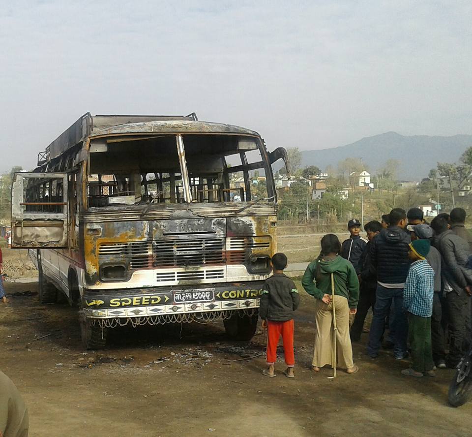 Moving bus catches fire in Gajuri Bazaar