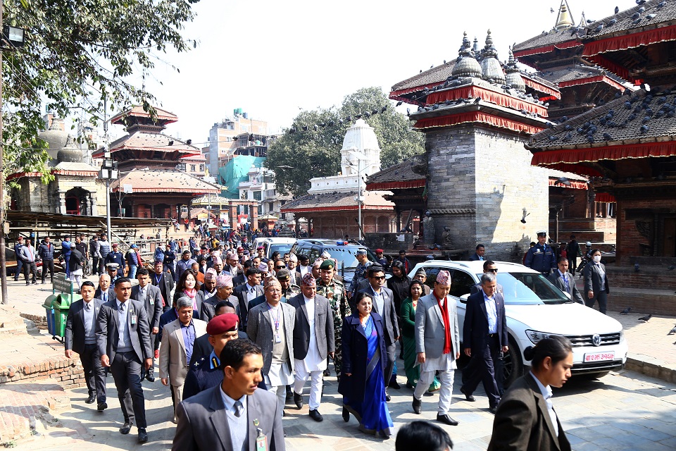 President Bhandari inspects reconstruction of heritages sites in capital (with photos)