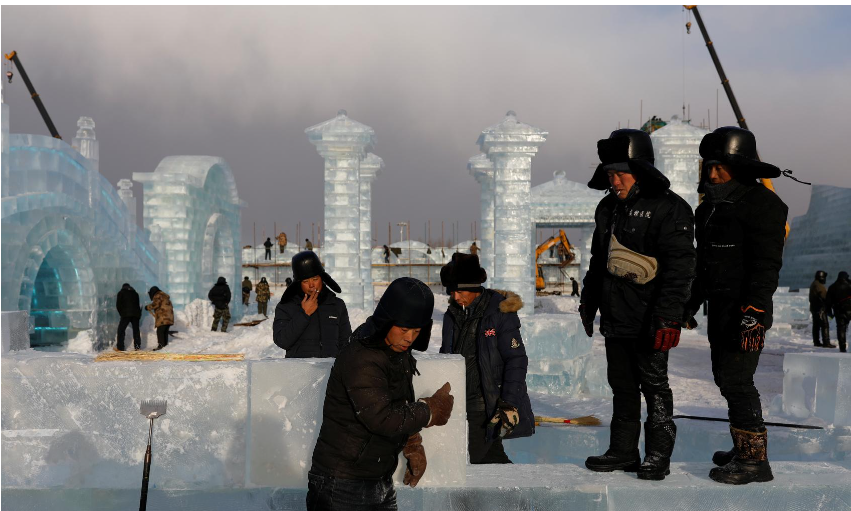 China 'mines' ice from river to build frozen castles, pagoda