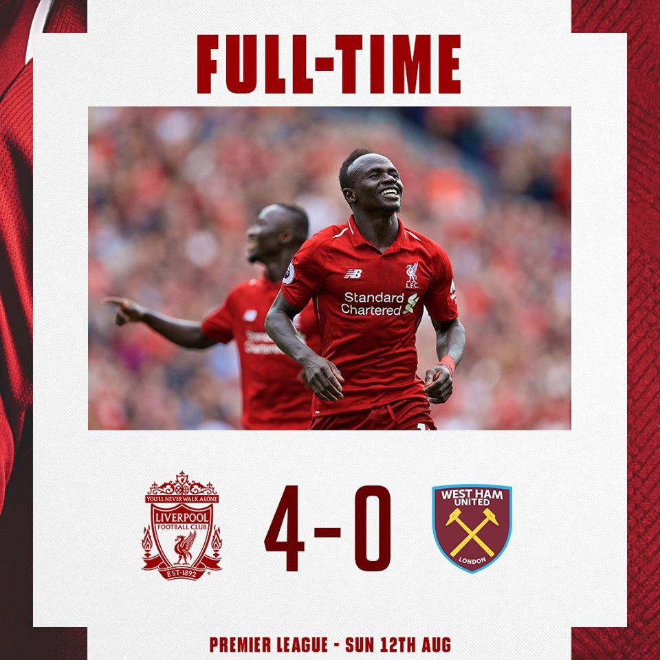 Full Time: Liverpool 4-0 West Ham United