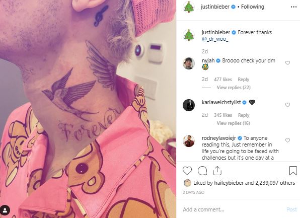 Justin Bieber flaunts new neck tattoo